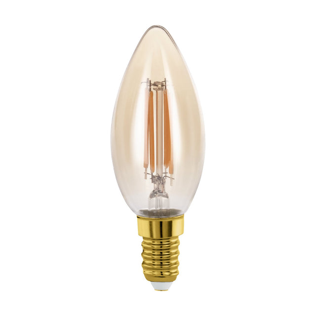 Amber LED candle bulb E14 C35 with tapered amber glass and visible upright filaments atop a brass-coloured screw cap, shown on a plain white background.