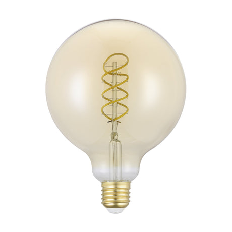 Amber glass LED globe bulb, G125 shape with spiral filament and E27 screw cap, 8W warm white 2700K light, shown on a plain white background.