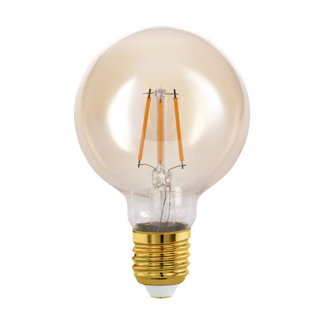 Amber LED globe bulb, G80 shape with E27 brass screw cap, visible upright LED filaments on a clear glass stem, warm white 4W, shown against a plain white background.