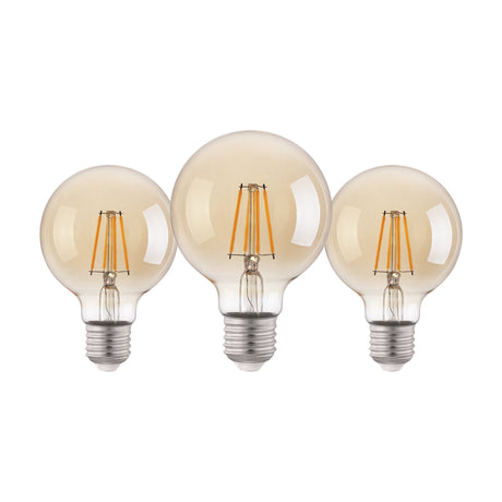 Pack of three amber LED globe bulbs (G80) with visible upright filaments and E27 screw caps, shown on a plain white background.
