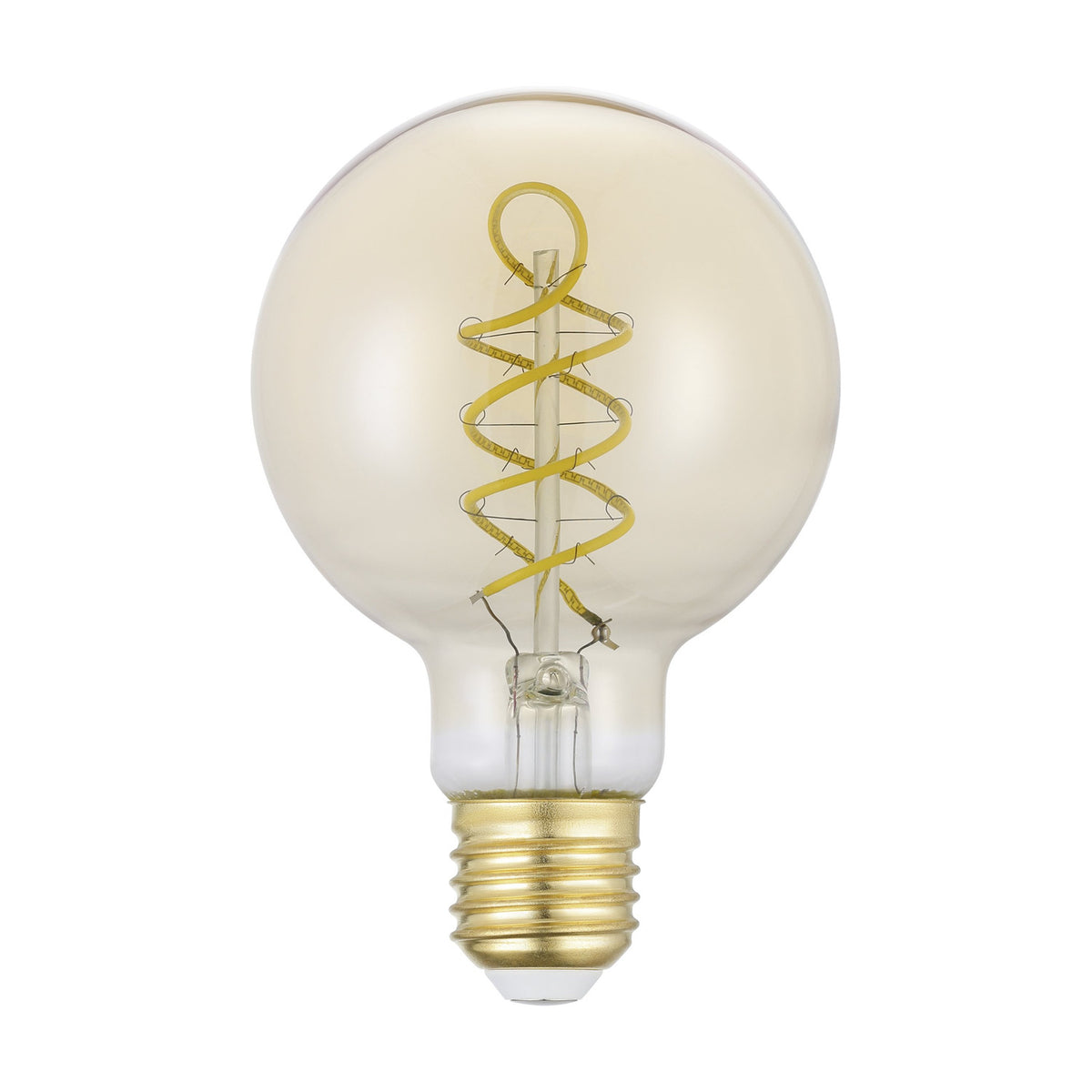 Amber LED globe bulb (G80) with spiral filament and brass E27 screw cap, shown on a plain white background, 8W warm white 2700K.
