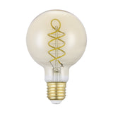 Amber LED globe bulb (G80) with spiral filament and brass E27 screw cap, shown on a plain white background, 8W warm white 2700K.