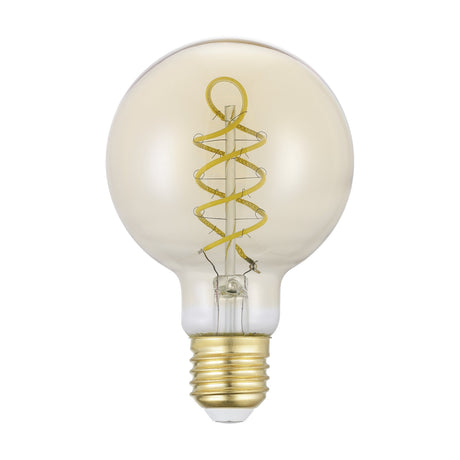 Amber LED globe bulb (G80) with spiral filament and brass E27 screw cap, shown on a plain white background, 8W warm white 2700K.