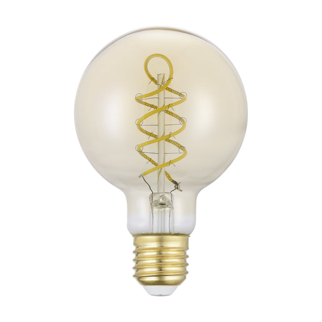 Amber LED globe bulb (G80) with spiral filament and brass E27 screw cap, shown on a plain white background, 8W warm white 2700K.