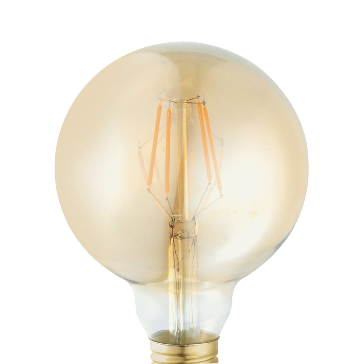 Close-up of an Amber LED Globe Bulb G95, E27 fitting, amber glass shell with visible filament-style LED strips, warm white 2200K light, on a plain white background.