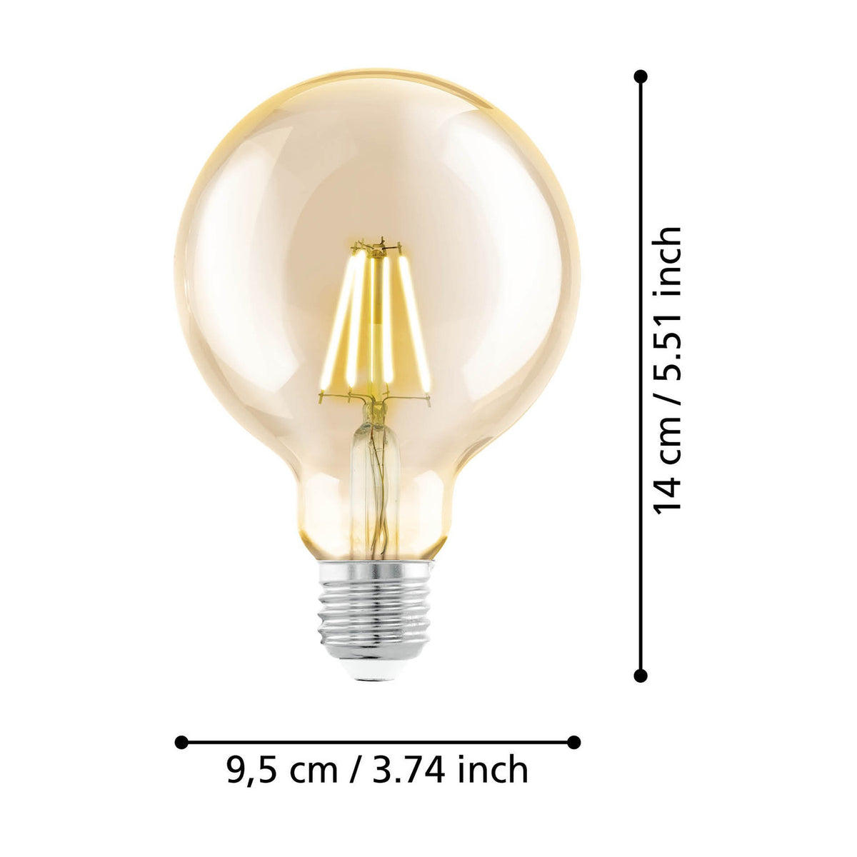 Amber LED Globe Bulb E27 G95 with visible filament strips, shown with dimensions labelled 14cm height and 9.5cm width on a plain white background.
