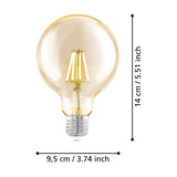 Amber LED Globe Bulb E27 G95 with visible filament strips, shown with dimensions labelled 14cm height and 9.5cm width on a plain white background.