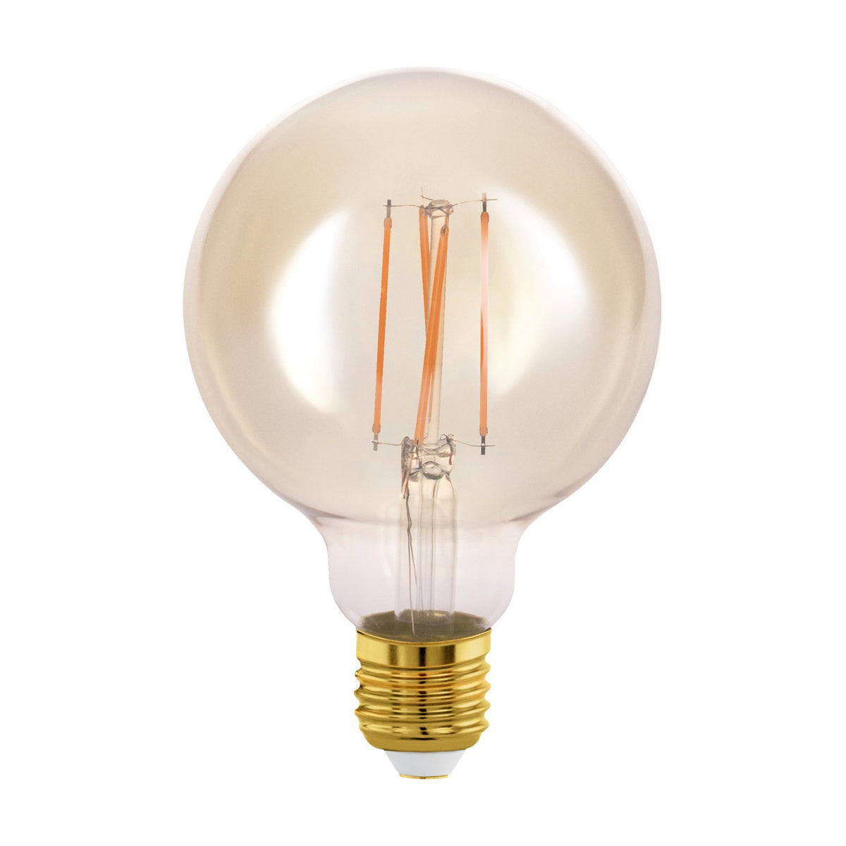 Amber LED globe bulb (G95, E27 fitting) with visible filament-style strips, amber glass shell, and brass-coloured screw cap on a plain white background.