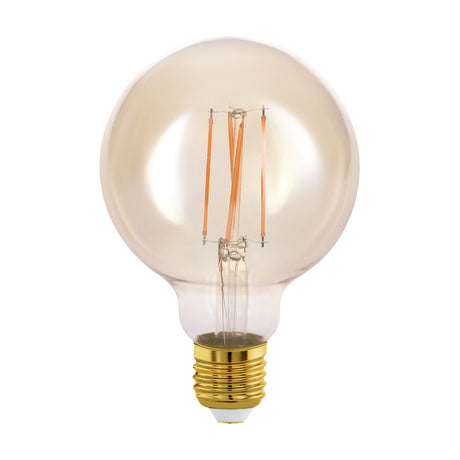 Amber LED globe bulb (G95, E27 fitting) with visible filament-style strips, amber glass shell, and brass-coloured screw cap on a plain white background.