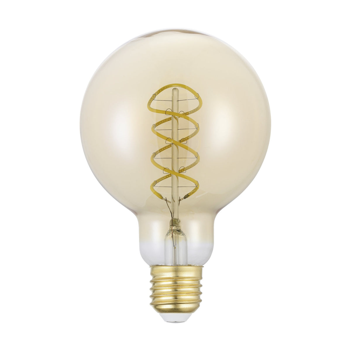 Amber LED globe bulb G95 with spiral filament and brass-coloured E27 screw cap, 8W warm white 2700K, shown on a plain white background.