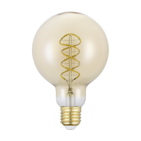 Amber LED globe bulb G95 with spiral filament and brass-coloured E27 screw cap, 8W warm white 2700K, shown on a plain white background.