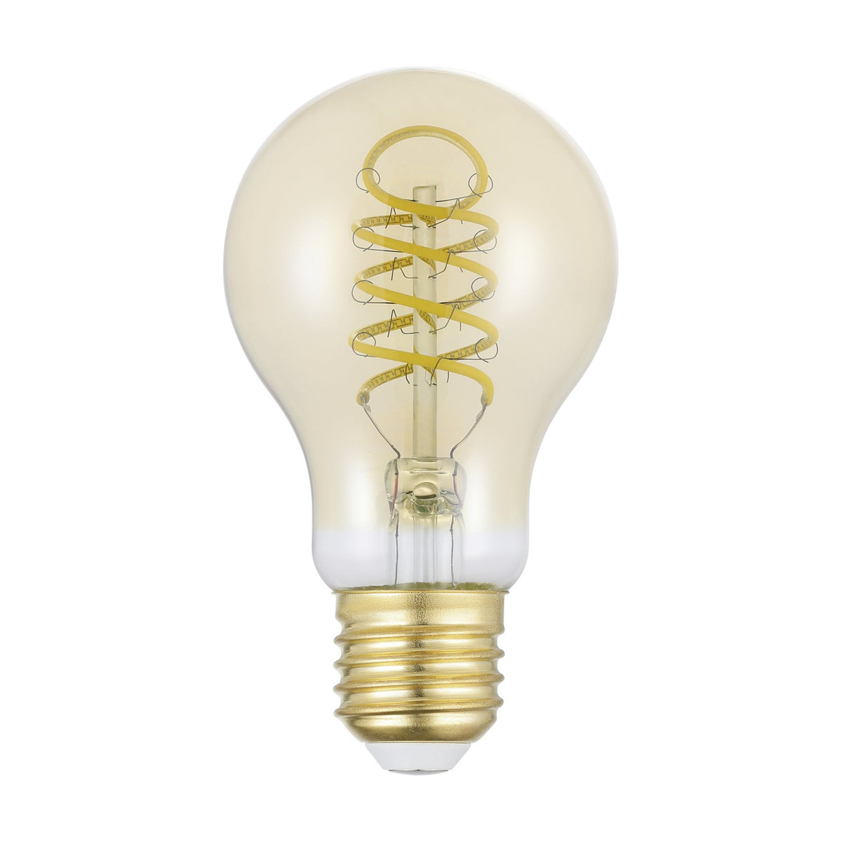 Amber LED GLS bulb, E27, pear-shaped tinted glass with spiral filament and brass-coloured screw cap, 8W, warm white, on a plain white background.