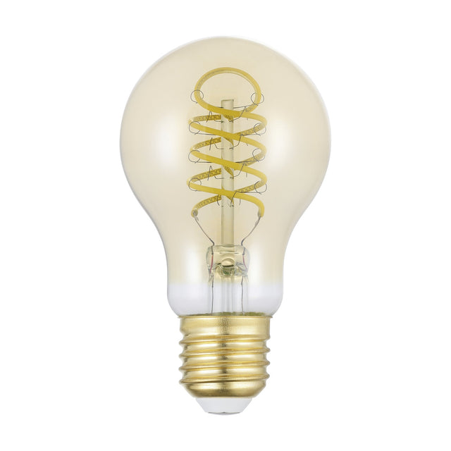 Amber LED GLS bulb, E27, pear-shaped tinted glass with spiral filament and brass-coloured screw cap, 8W, warm white, on a plain white background.