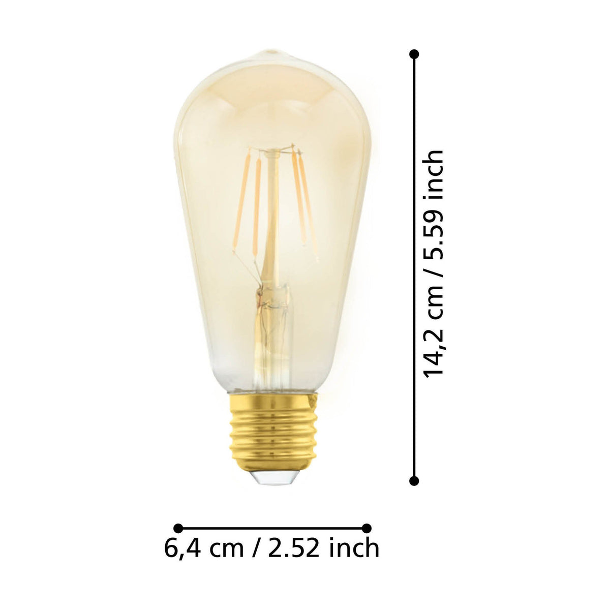 Amber LED vintage bulb, ST64 teardrop shape, E27 brass screw cap, visible upright filaments, with dimensions 14.2cm x 6.4cm labelled on a white background.