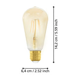 Amber LED vintage bulb, ST64 teardrop shape, E27 brass screw cap, visible upright filaments, with dimensions 14.2cm x 6.4cm labelled on a white background.