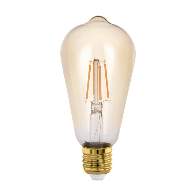 Amber LED vintage bulb, ST64 teardrop shape with upright filaments, amber-tinted glass and brass-coloured E27 screw cap, shown against a plain white background.