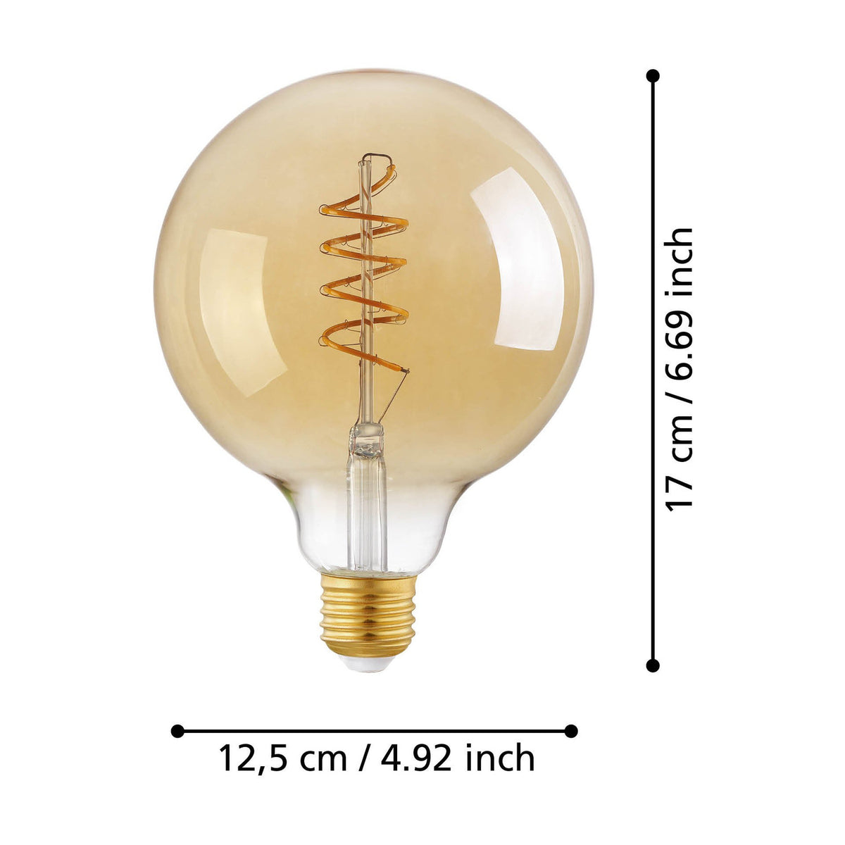 Amber Spiral LED Globe Bulb, E27 G125 shape in amber-tinted glass with visible spiral filament, shown with 17cm x 12.5cm dimensions on a white background.