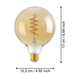 Amber Spiral LED Globe Bulb, E27 G125 shape in amber-tinted glass with visible spiral filament, shown with 17cm x 12.5cm dimensions on a white background.