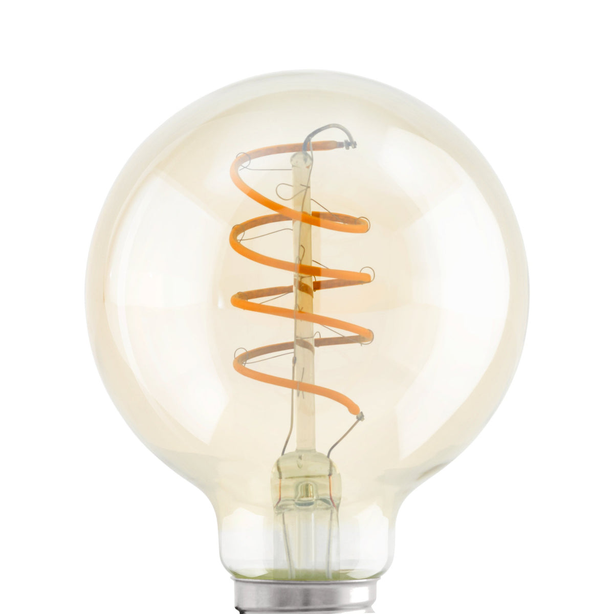 Amber Spiral LED Globe Bulb G80, E27 screw cap, with a visible spiral filament on a clear central stem, shown against a plain white background.