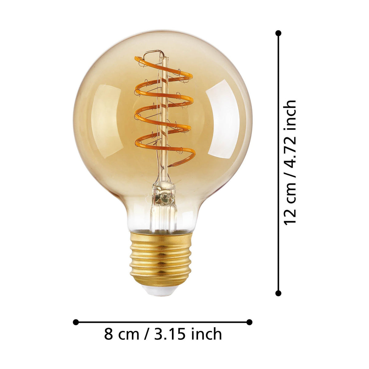 Amber Spiral LED Globe Bulb E27 G80, 4W warm white, with coiled filament, gold screw cap, shown with size dimensions of 8cm diameter and 12cm height on a white background.