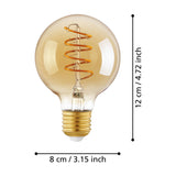 Amber Spiral LED Globe Bulb E27 G80, 4W warm white, with coiled filament, gold screw cap, shown with size dimensions of 8cm diameter and 12cm height on a white background.