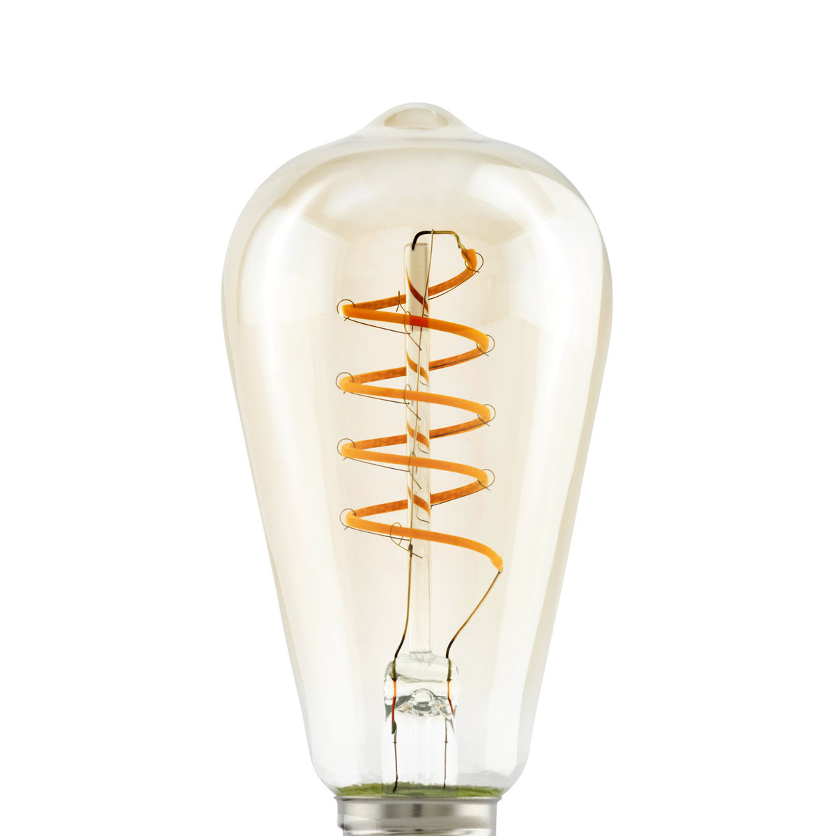 Amber Spiral LED Vintage Bulb, E27 ST64 teardrop shape in amber glass with a visible spiral filament on a central stem, shown against a plain white background.