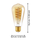 Amber Spiral LED Vintage Bulb, ST64 teardrop shape with E27 screw cap, showing spiral filament, with dimensions 14.2cm x 6.4cm labelled on a white background.