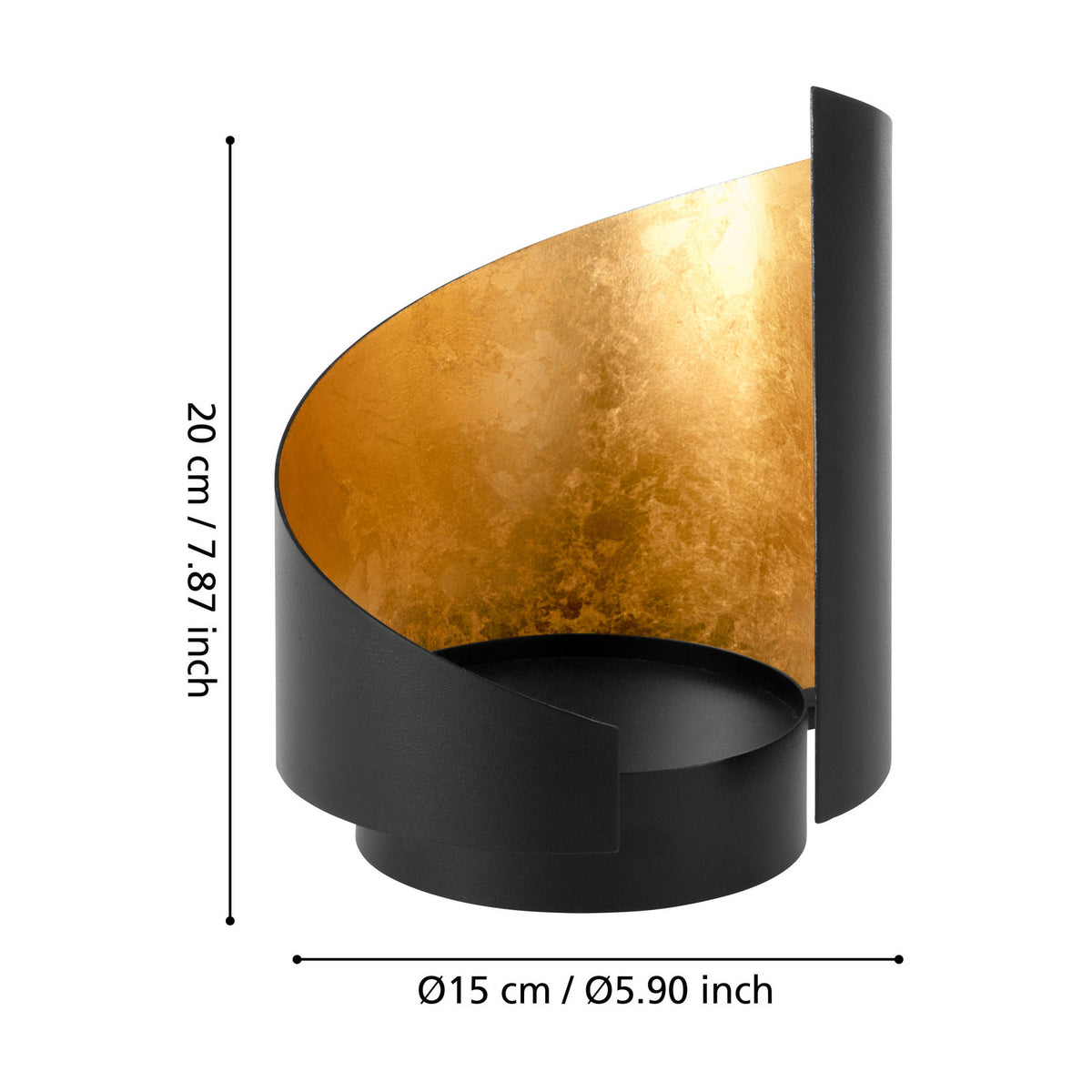 Ambondrona Metal Hurricane Lantern 20cm, a curved black metal band with gold leaf inner finish wrapping a round base, shown with dimensions on a white background.
