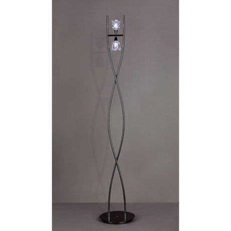 The Amel 2 Light Floor Lamp in Black Chrome features two intertwined metallic rods and round glass lampshades atop a circular base, creating a stylish contemporary lighting accent for any modern interior.