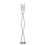 The Amel 2 Light Floor Lamp in polished chrome features two intertwined metal poles and two small glass fixtures near the top, all supported by a round base.