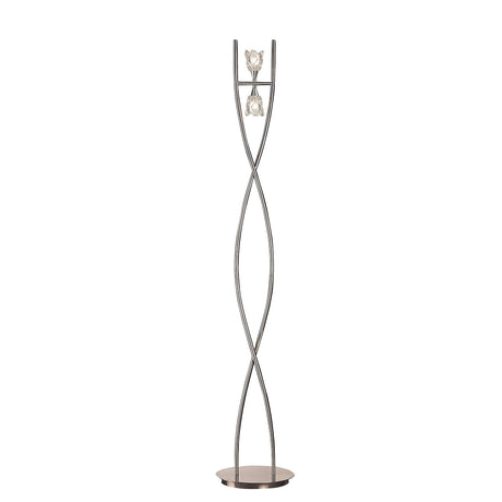 The Amel 2 Light Floor Lamp in polished chrome features two intertwined metal poles and two small glass fixtures near the top, all supported by a round base.