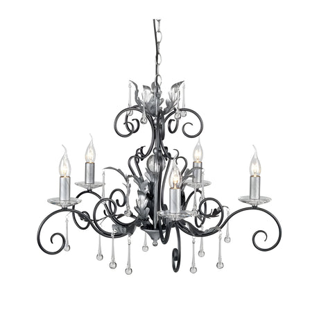 The Amarilli 5 Light Chandelier - Black With Silver Patina is an exquisite Elstead piece featuring ornate black metal scrollwork and a subtle silver patina. Adorned with crystal droplets, it holds five candle-like bulbs, offering an elegant and classic appearance.