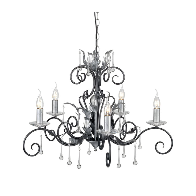 The Amarilli 5 Light Chandelier - Black With Silver Patina is an exquisite Elstead piece featuring ornate black metal scrollwork and a subtle silver patina. Adorned with crystal droplets, it holds five candle-like bulbs, offering an elegant and classic appearance.