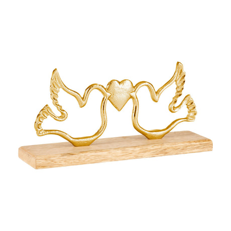Amoatsy Bird Ornaments sculpture with two gold aluminium doves in open outline, ridged wings, facing each other around a small heart, mounted on a mango wood base.