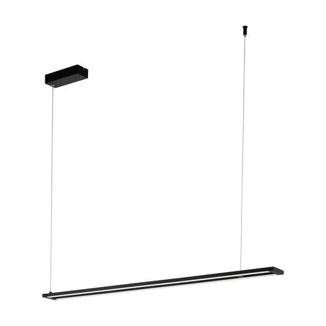 Amontillado Pendant Light in black, a slim linear LED bar with integrated diffuser, suspended on two thin wires from a rectangular ceiling canopy against a plain white background.
