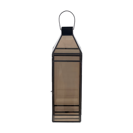 Andranomena tall square glass candle lantern with smoked bronze-tinted panels, black metal frame, pyramid top and curved carry handle, on a plain white background.