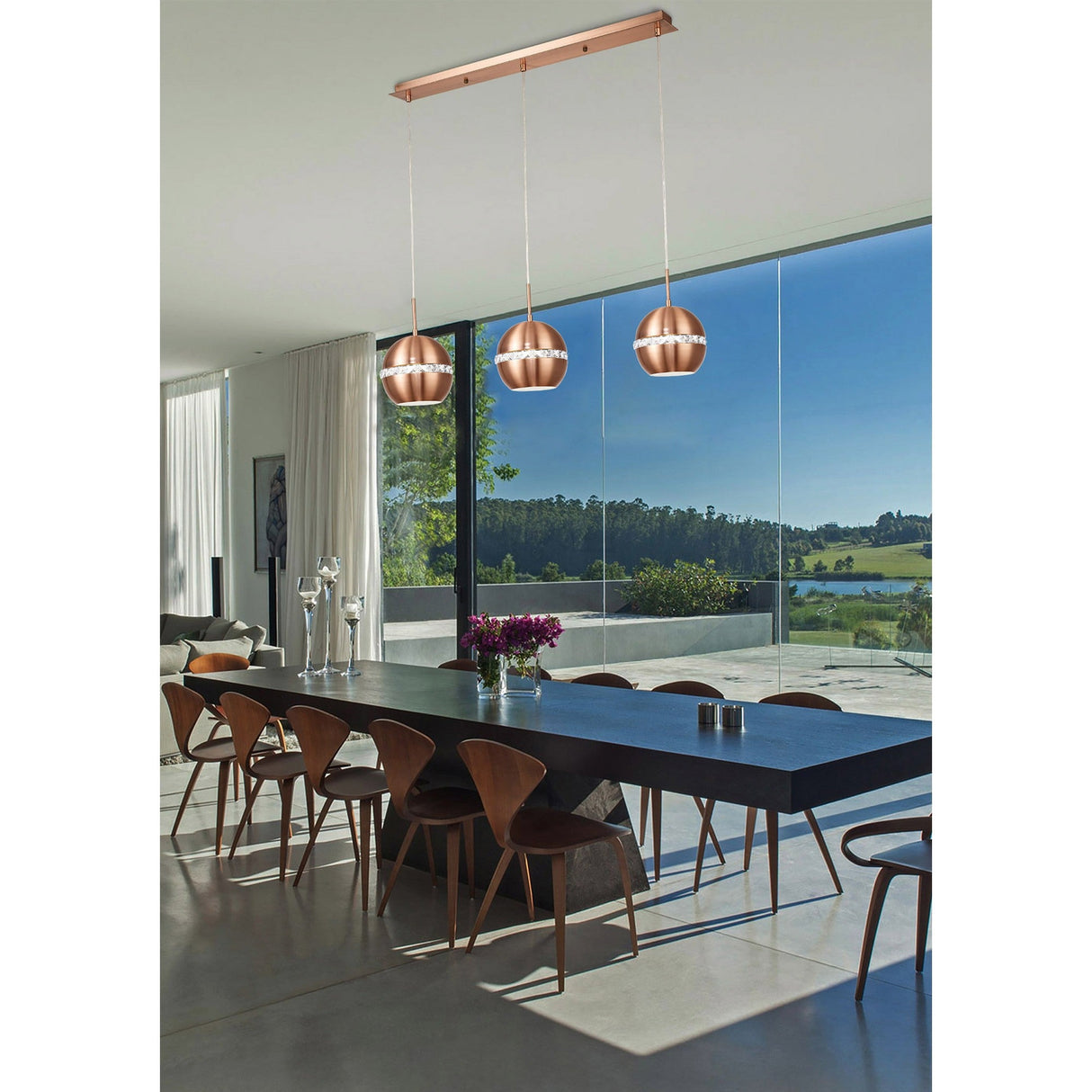Andrea 3 Light Crystal Bar Pendant Light - Satin Copper