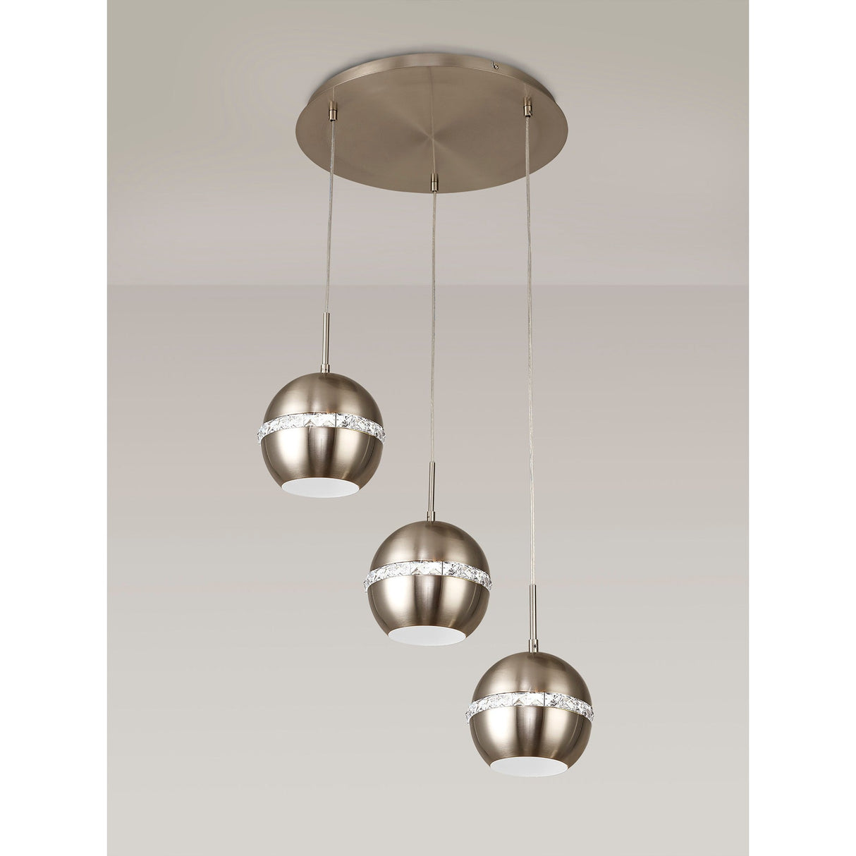 Andrea 3 Light Round Crystal Cluster Pendant Light - Satin Nickel
