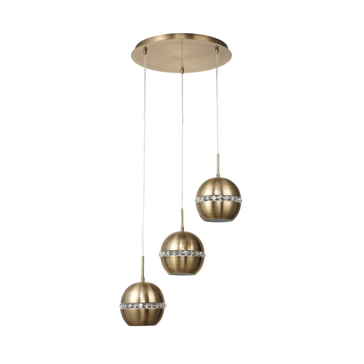 Andrea 3 Light Round Crystal Cluster Pendant Light - Antique Brass