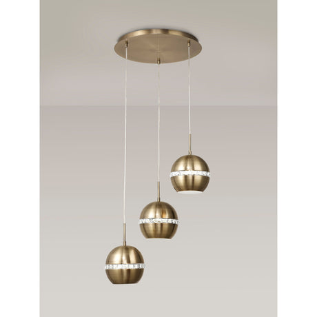 Andrea 3 Light Round Crystal Cluster Pendant Light - Antique Brass