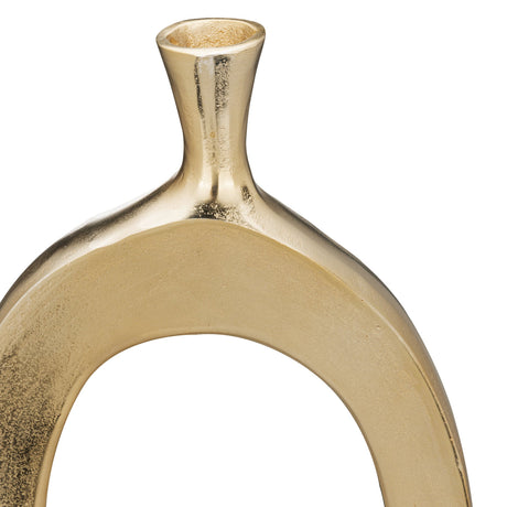 Close-up of the Ankarefo Vase 63cm in Gold, showing the aluminium open-oval ring form with a narrow flared neck, against a plain white background.