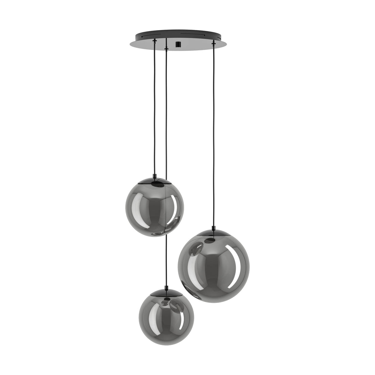 Anorias 3-light pendant with three smoked glass globes of varying sizes in a mirror-like black nickel finish, suspended from a round black ceiling canopy on a white background.