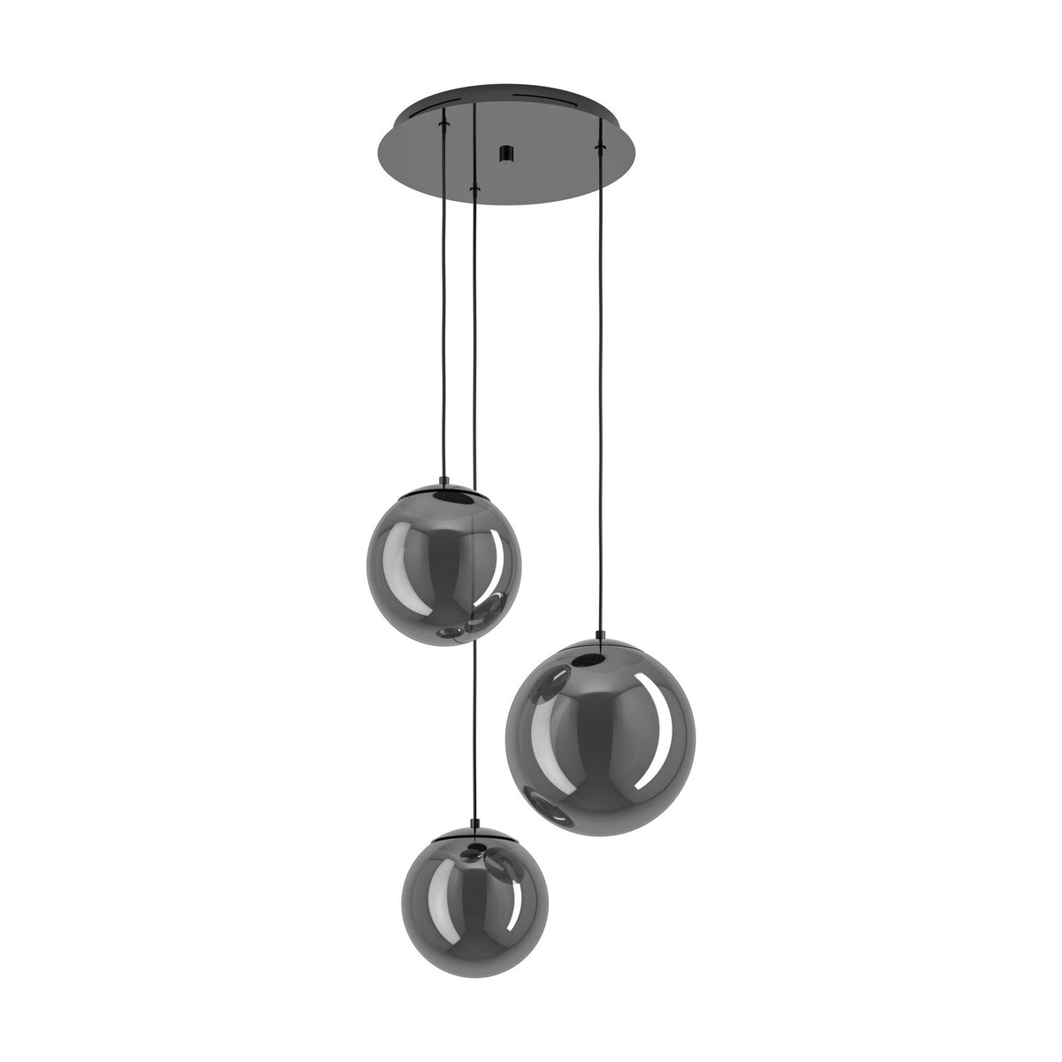 Anorias 3 Light Pendant with round black nickel ceiling canopy and three smoked glass globe shades in varying sizes, shown on a plain white background.