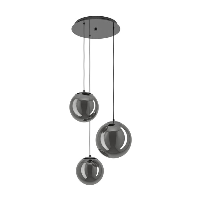 Anorias 3 Light Pendant with round black nickel ceiling canopy and three smoked glass globe shades in varying sizes, shown on a plain white background.