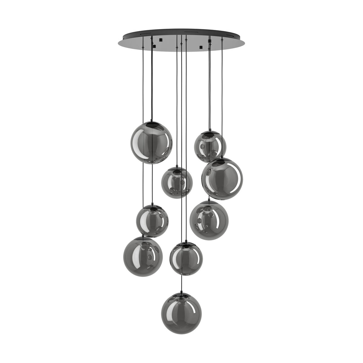 Anorias 9 Light Pendant with smoked glass globes of varying sizes cascading at different heights from a round black nickel ceiling canopy, shown on a plain white background.