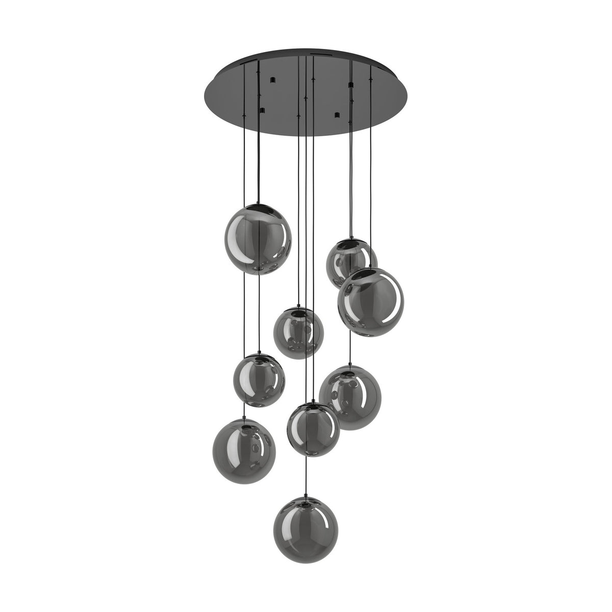 Anorias 9 Light Pendant with smoked glass globes in varying sizes cascading from a round black nickel ceiling canopy on slim cables, shown on a white background.