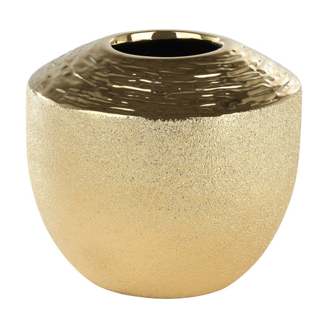 Aramberri Ceramic Vase 17cm in gold, with a rounded, squat body featuring a glossy hammered-effect shoulder and a sandy-textured lower body, shown on a plain white background.
