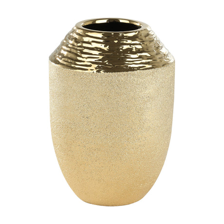 Aramberri Ceramic Vase 25cm in gold, featuring a glossy hammered shoulder and a sand-textured lower body, narrow opening, shown on a plain white background.