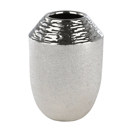 Aramberri ceramic vase in silver, with a rippled mirror-glazed shoulder and sparkling textured lower body, rounded tapering shape, shown on a plain white background.