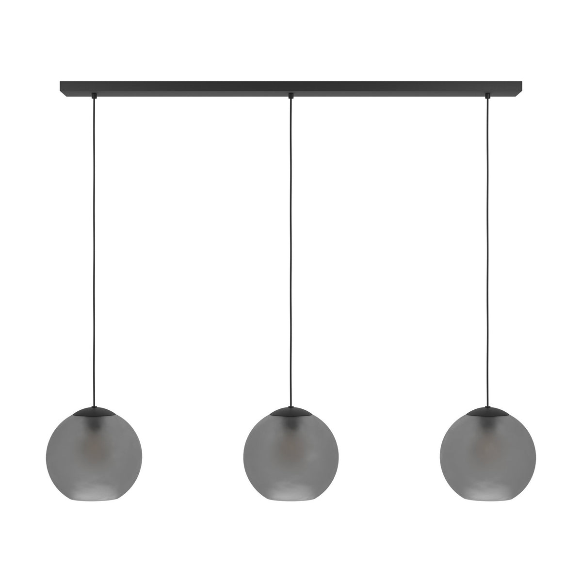 Arangona linear pendant light with three smoked grey glass globe shades hanging from black cords on a black steel ceiling bar, shown on a plain white background.